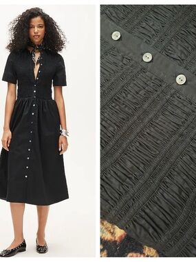 NWT J Crew Elsie Poplin Smocked Shirt Dress XS black button down